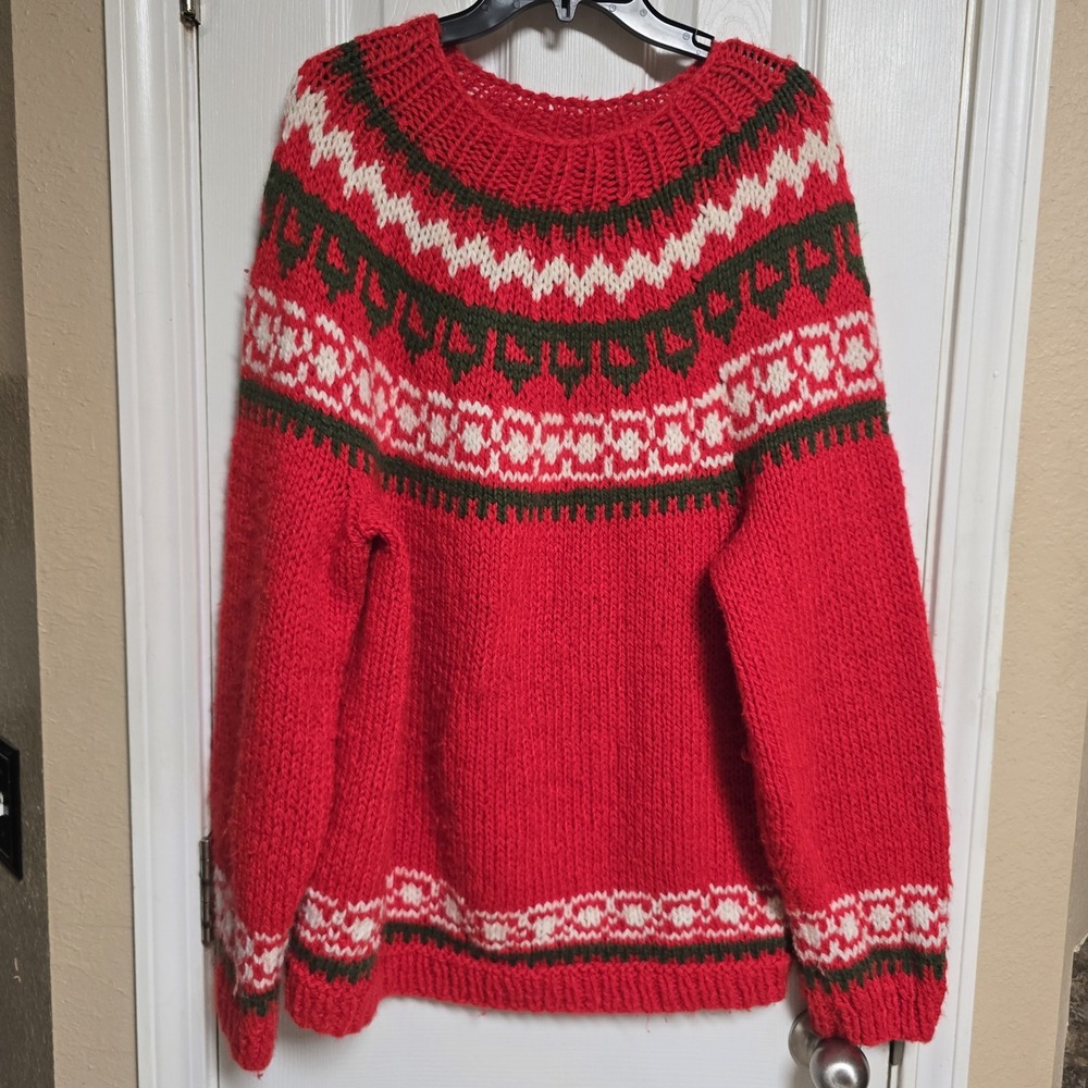 Hand Knit Fair Isle Christmas Sweater Red Green Nordic Chunky Pullover XL